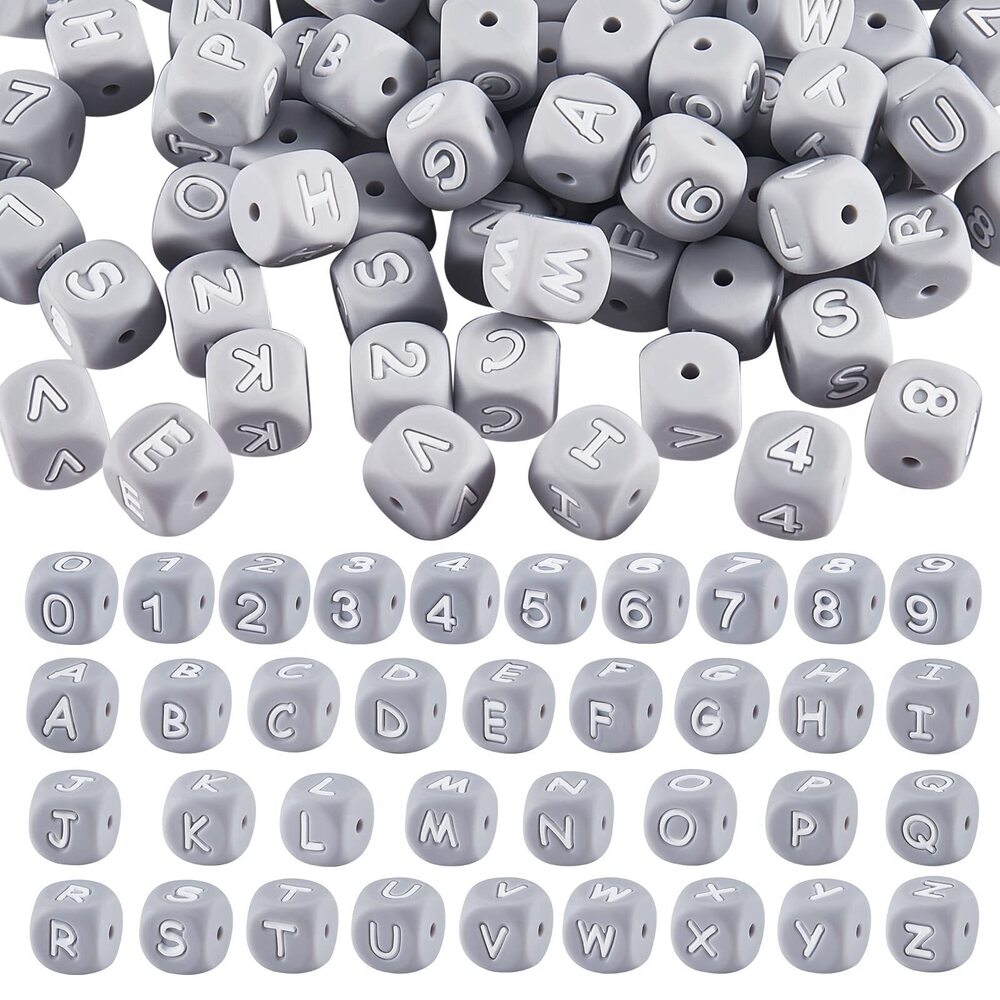 2254 108 Pcs Grey Cube Silicone Letter Number Square Dice Alphabet Beads